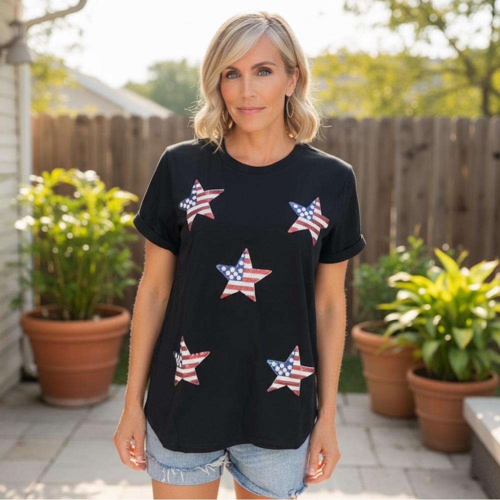 POODIT Patriotic star black loose fit tee S M L XL 2XL 3XL